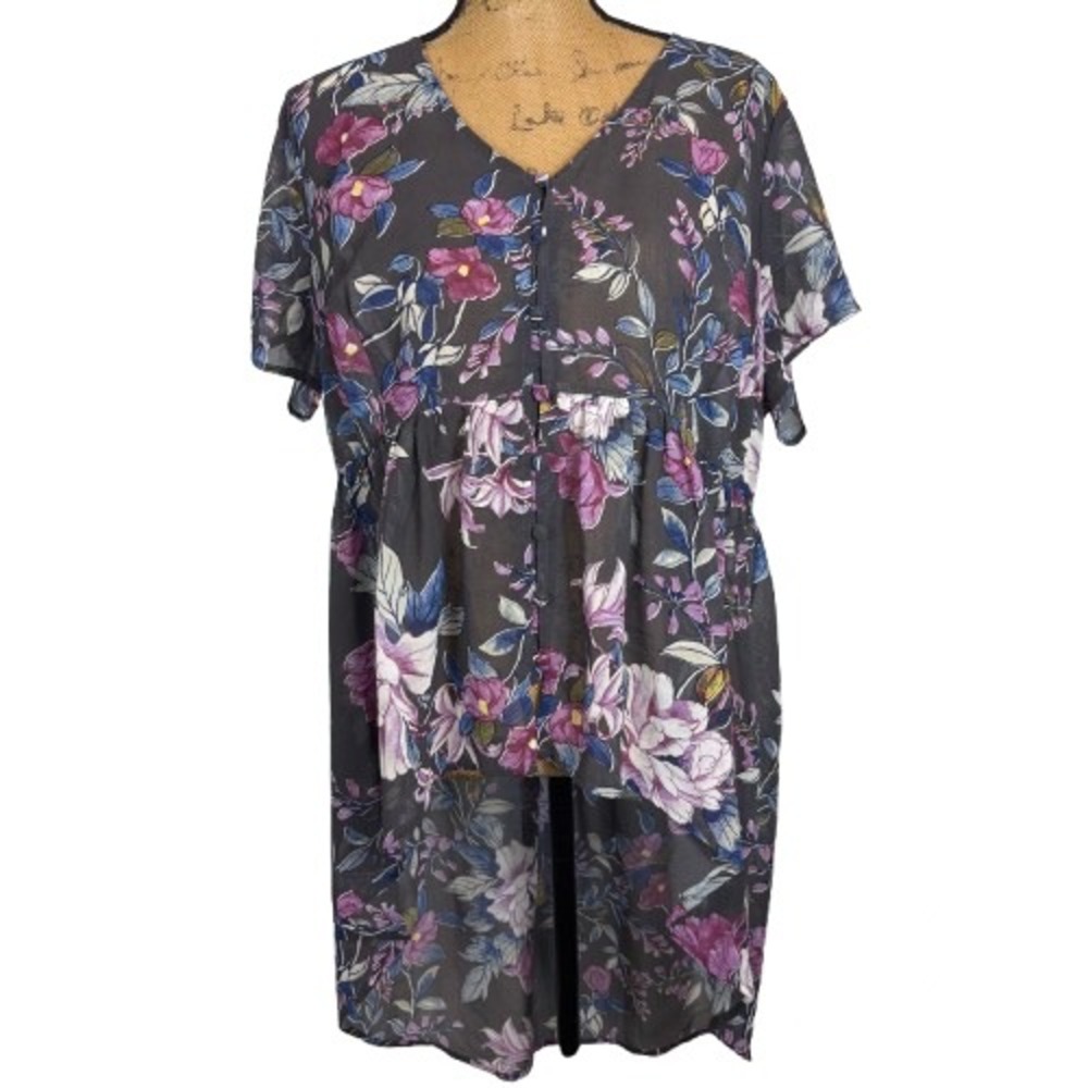 Torrid Floral Chiffon Button Front High Low Babydoll Top Grey Purple Size 1X